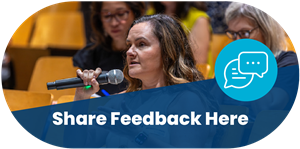 Woman holding microphone with overlay text "Share Feedback Here"